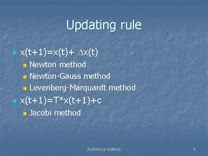 Updating rule n x(t+1)=x(t)+ x(t) Newton method n Newton-Gauss method n Levenberg-Marquardt method n