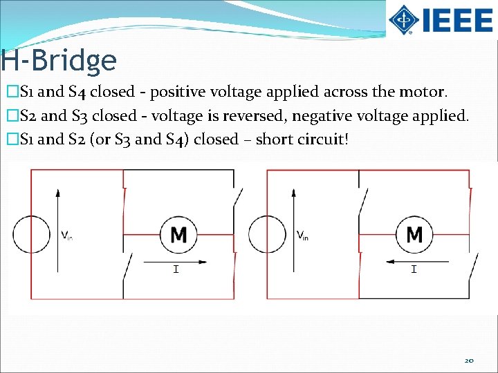 H-Bridge �S 1 and S 4 closed - positive voltage applied across the motor.