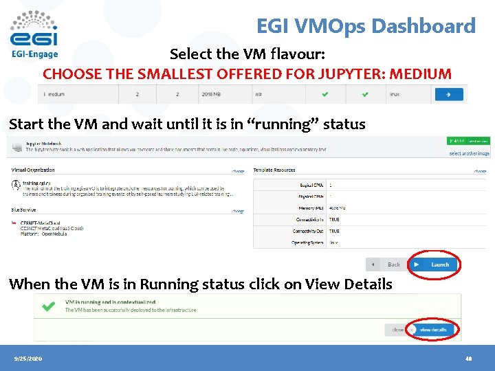 EGI VMOps Dashboard Select the VM flavour: CHOOSE THE SMALLEST OFFERED FOR JUPYTER: MEDIUM