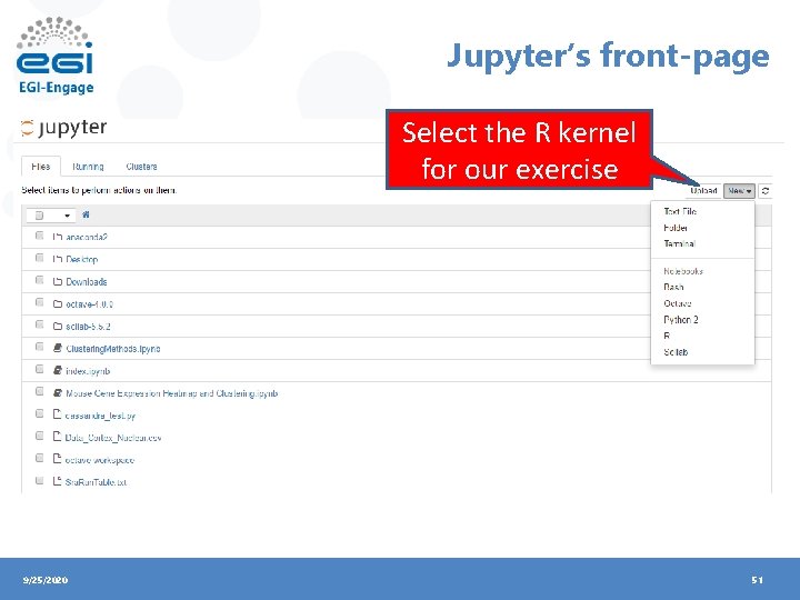 Jupyter’s front-page Select the R kernel for our exercise 9/25/2020 51 