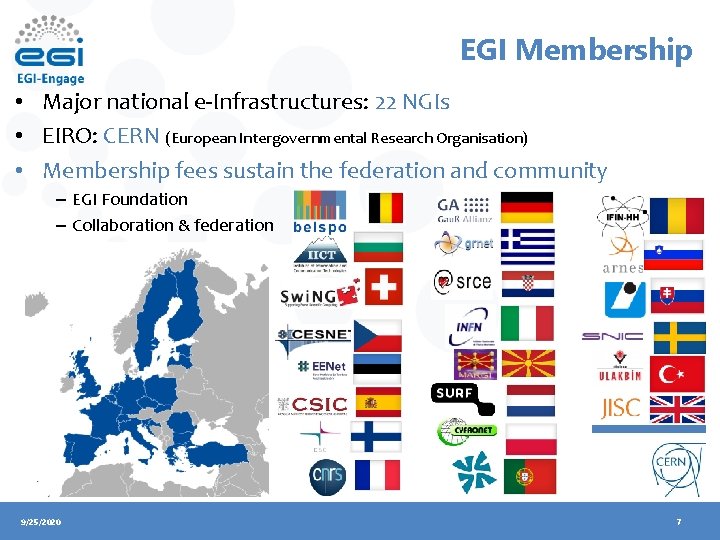 EGI Membership • Major national e-Infrastructures: 22 NGIs • EIRO: CERN (European Intergovernmental Research