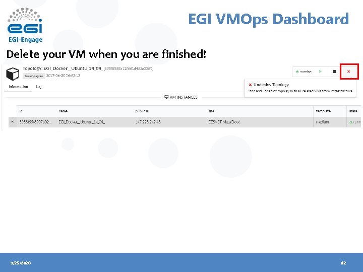 EGI VMOps Dashboard Delete your VM when you are finished! 9/25/2020 82 