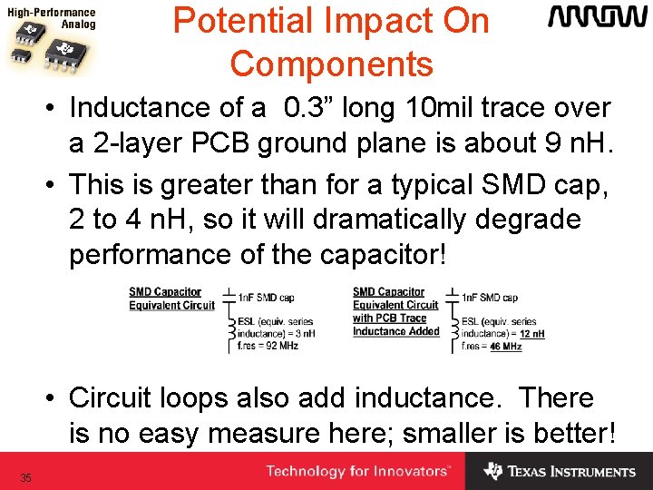 Potential Impact On Components • Inductance of a 0. 3” long 10 mil trace Potential Impact On Components • Inductance of a 0. 3” long 10 mil trace