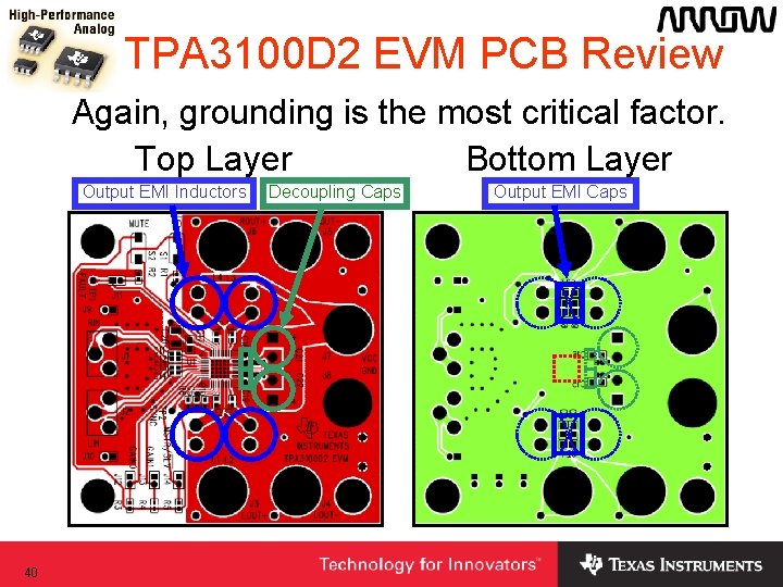 TPA 3100 D 2 EVM PCB Review Again, grounding is the most critical factor. TPA 3100 D 2 EVM PCB Review Again, grounding is the most critical factor.