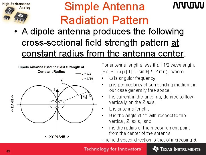 Simple Antenna Radiation Pattern • A dipole antenna produces the following cross-sectional field strength Simple Antenna Radiation Pattern • A dipole antenna produces the following cross-sectional field strength