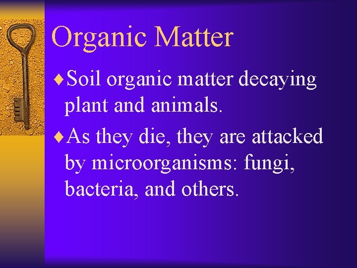 Organic Matter ¨Soil organic matter decaying plant and animals. ¨As they die, they are