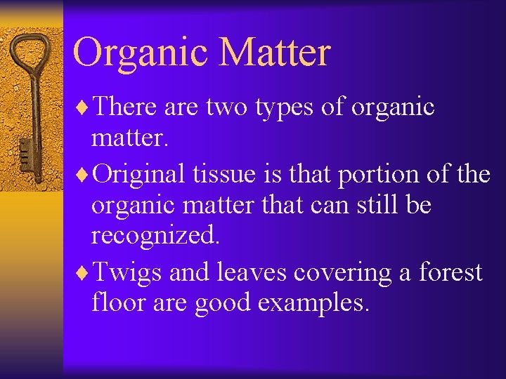 Organic Matter ¨There are two types of organic matter. ¨Original tissue is that portion