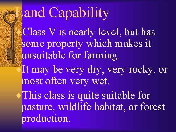 Land Capability ¨Class V is nearly level, but has some property which makes it