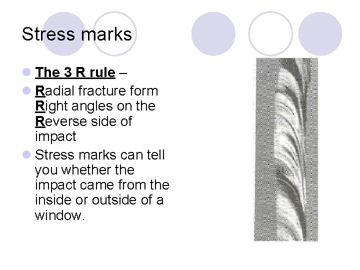 Stress marks l The 3 R rule – l Radial fracture form Right angles