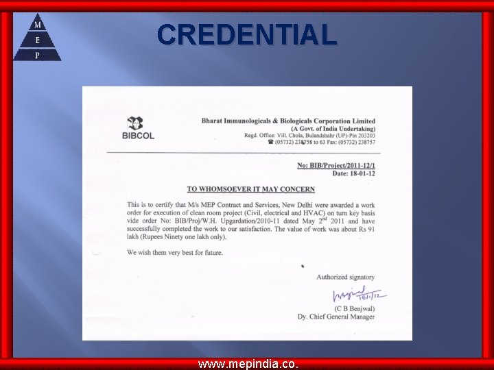 CREDENTIAL www. mepindia. co. CREDENTIAL www. mepindia. co.