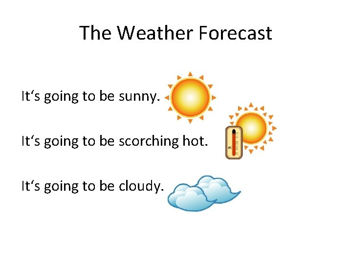 The Weather Forecast It‘s going to be sunny. It‘s going to be scorching hot.