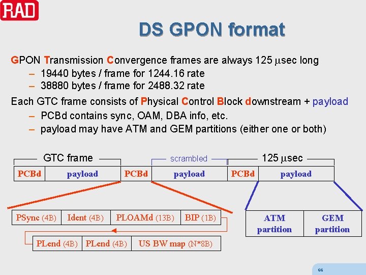 DS GPON format GPON Transmission Convergence frames are always 125 msec long – 19440