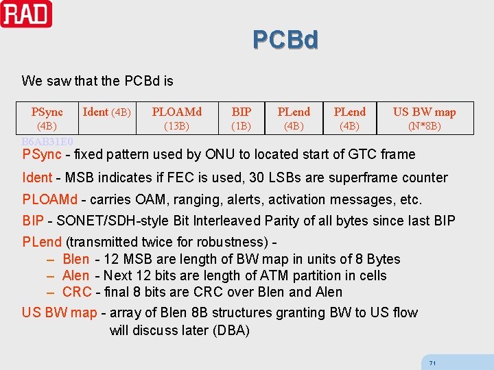 PCBd We saw that the PCBd is PSync (4 B) B 6 AB 31