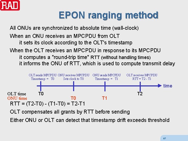 EPON ranging method All ONUs are synchronized to absolute time (wall-clock) When an ONU