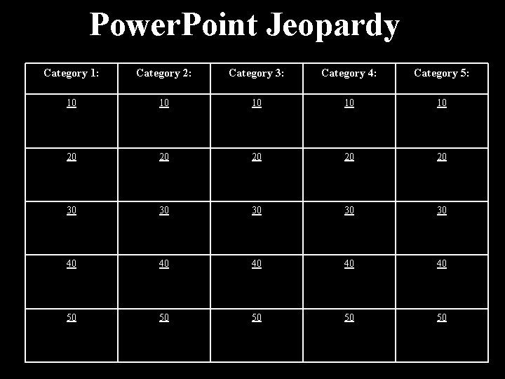 Power. Point Jeopardy Category 1: Category 2: Category 3: Category 4: Category 5: 10