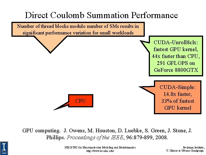 Direct Coulomb Summation Performance Number of thread blocks modulo number of SMs results in