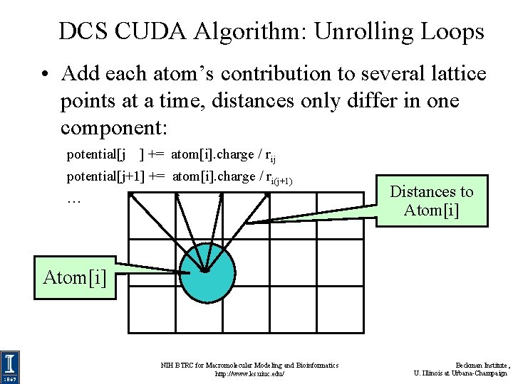 DCS CUDA Algorithm: Unrolling Loops • Add each atom’s contribution to several lattice points