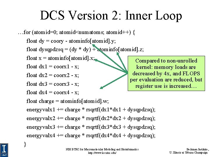 DCS Version 2: Inner Loop …for (atomid=0; atomid<numatoms; atomid++) { float dy = coory