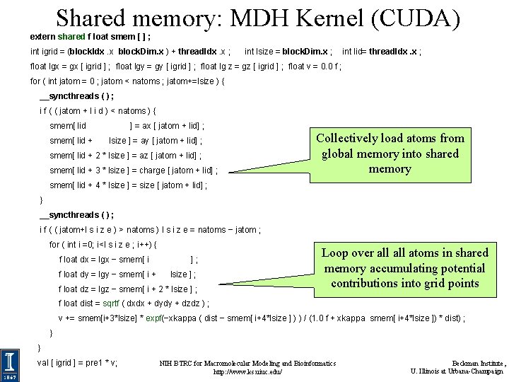 Shared memory: MDH Kernel (CUDA) extern shared f loat smem [ ] ; int