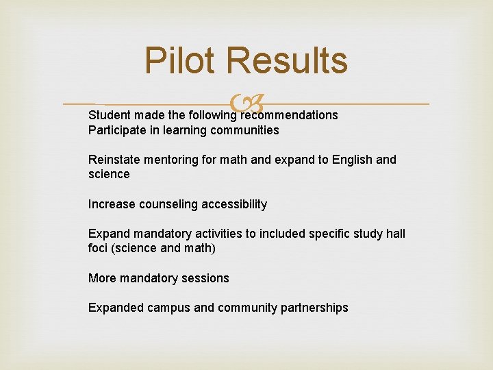 Pilot Results Student made the following recommendations Participate in learning communities Reinstate mentoring for