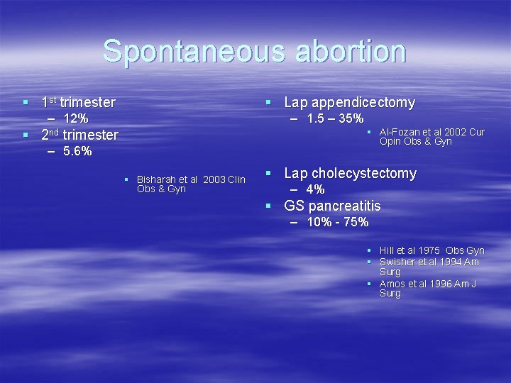 Spontaneous abortion § 1 st trimester § Lap appendicectomy – 12% – 1. 5 Spontaneous abortion § 1 st trimester § Lap appendicectomy – 12% – 1. 5