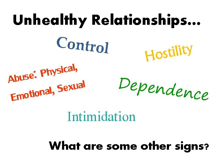 Unhealthy Relationships… Control y t i l i t s Ho , l a