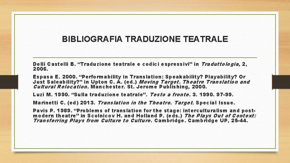 BIBLIOGRAFIA TRADUZIONE TEATRALE Delli Castelli B. “Traduzione teatrale e codici espressivi” in Traduttologia, 2,