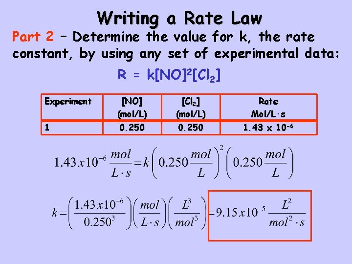 Writing a Rate Law Part 2 – Determine the value for k, the rate