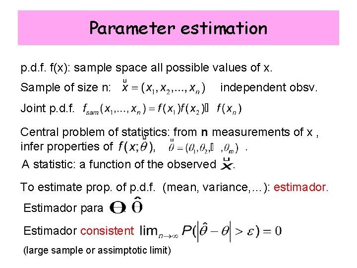 Parameter estimation p. d. f. f(x): sample space all possible values of x. Sample