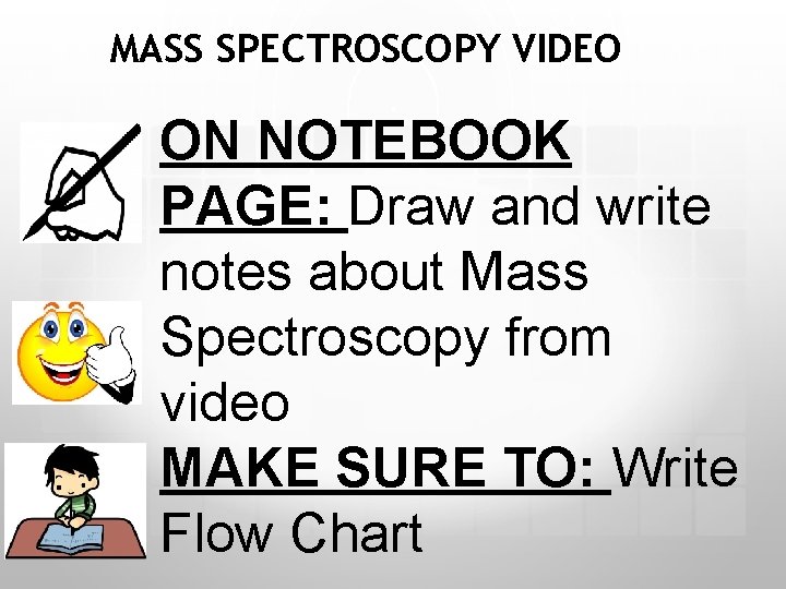 MASS SPECTROSCOPY VIDEO ON NOTEBOOK PAGE: Draw and write notes about Mass Spectroscopy from