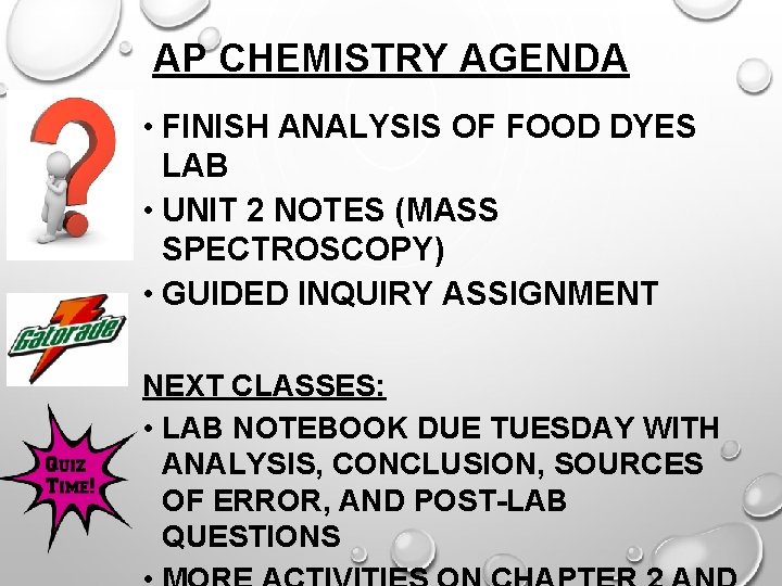 AP CHEMISTRY AGENDA • FINISH ANALYSIS OF FOOD DYES LAB • UNIT 2 NOTES