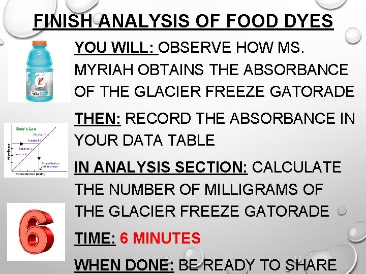 FINISH ANALYSIS OF FOOD DYES YOU WILL: OBSERVE HOW MS. MYRIAH OBTAINS THE ABSORBANCE