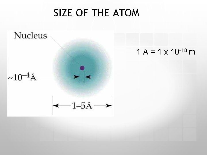 SIZE OF THE ATOM 1 A = 1 x 10 -10 m 