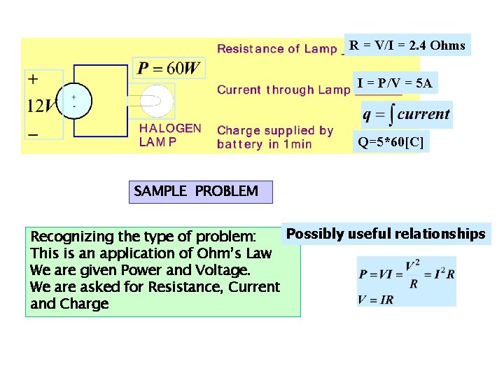 R = V/I = 2. 4 Ohms I = P/V = 5 A Q=5*60[C]