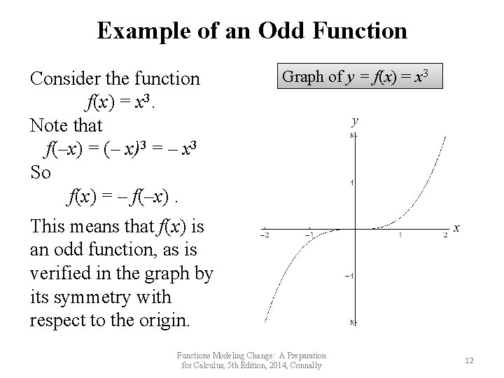 Example of an Odd Function Consider the function f(x) = x 3. Note that