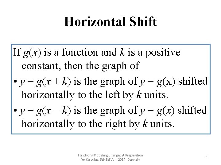 Horizontal Shift If g(x) is a function and k is a positive constant, then