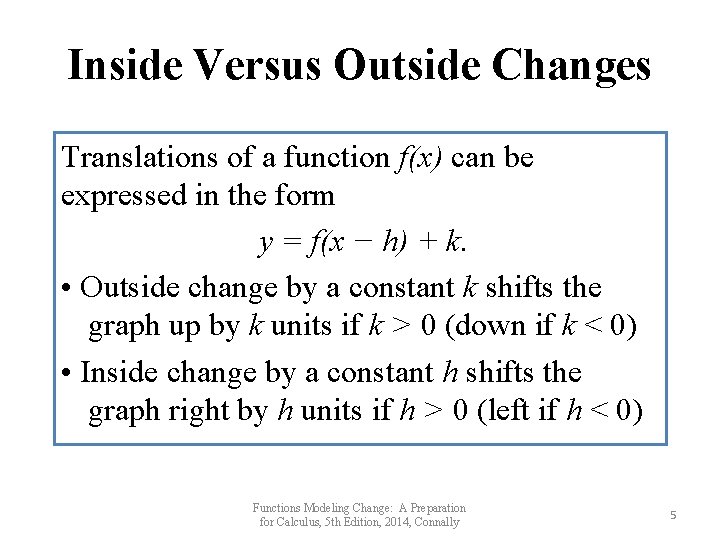 Inside Versus Outside Changes Translations of a function f(x) can be expressed in the