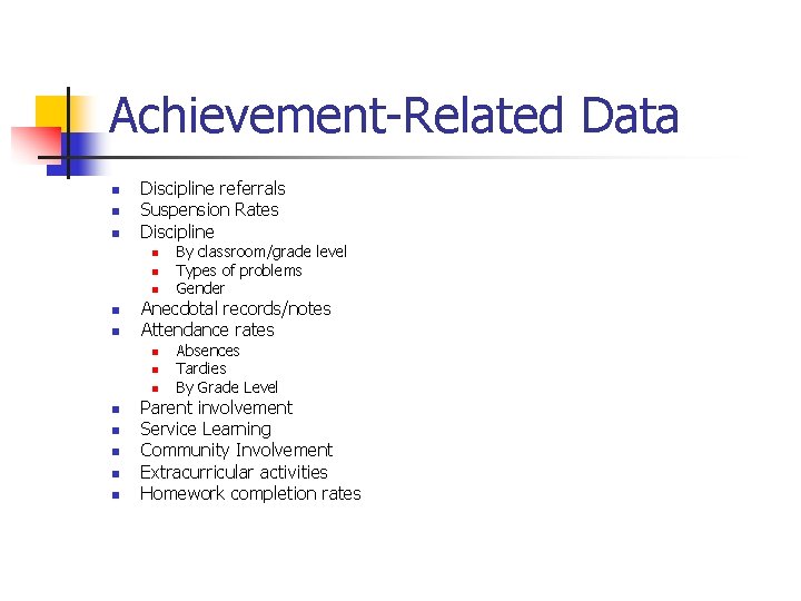 Achievement-Related Data n n n Discipline referrals Suspension Rates Discipline n n n Anecdotal