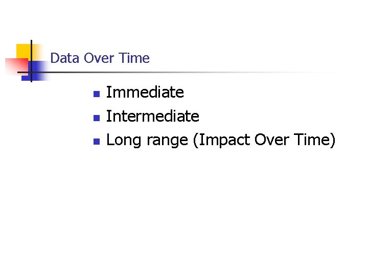 Data Over Time n n n Immediate Intermediate Long range (Impact Over Time) Data Over Time n n n Immediate Intermediate Long range (Impact Over Time)