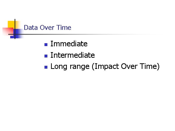 Data Over Time n n n Immediate Intermediate Long range (Impact Over Time) 