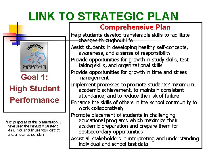 LINK TO STRATEGIC PLAN Comprehensive Plan Goal 1: High Student Performance *For purposes of LINK TO STRATEGIC PLAN Comprehensive Plan Goal 1: High Student Performance *For purposes of