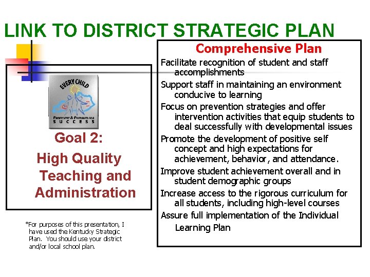 LINK TO DISTRICT STRATEGIC PLAN Comprehensive Plan Goal 2: High Quality Teaching and Administration LINK TO DISTRICT STRATEGIC PLAN Comprehensive Plan Goal 2: High Quality Teaching and Administration
