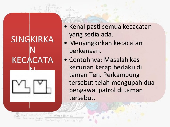 SINGKIRKA N KECACATA N • Kenal pasti semua kecacatan yang sedia ada. • Menyingkirkan