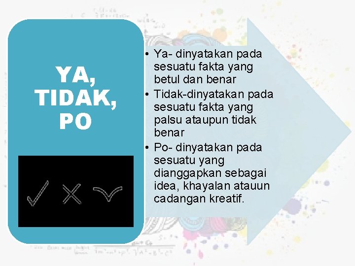 YA, TIDAK, PO • Ya- dinyatakan pada sesuatu fakta yang betul dan benar •