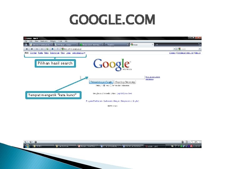 GOOGLE. COM Pilihan hasil search Tempat mengetik “kata kunci” 