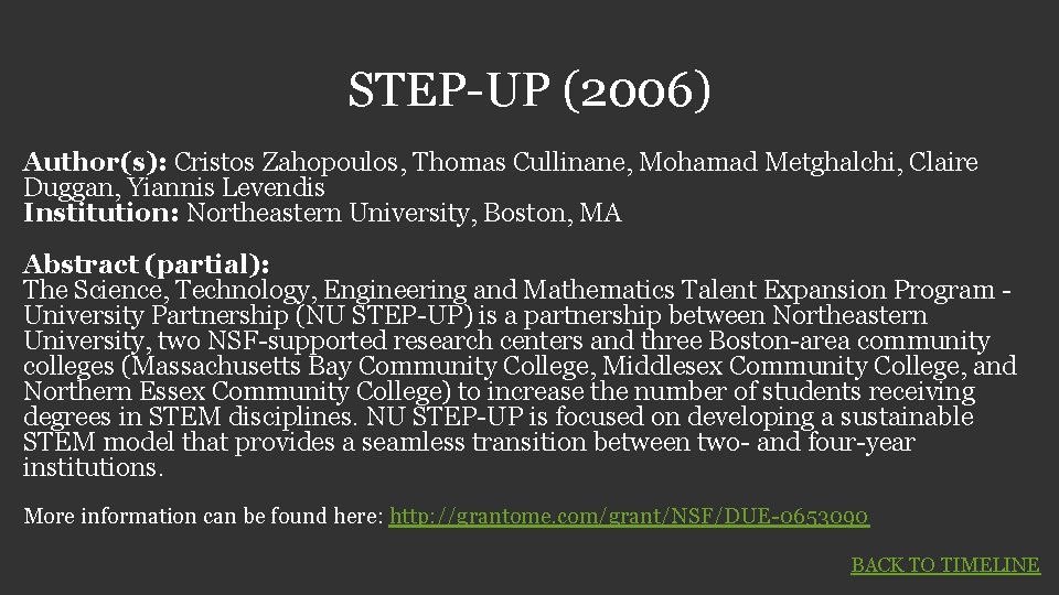 STEP-UP (2006) Author(s): Cristos Zahopoulos, Thomas Cullinane, Mohamad Metghalchi, Claire Duggan, Yiannis Levendis Institution: STEP-UP (2006) Author(s): Cristos Zahopoulos, Thomas Cullinane, Mohamad Metghalchi, Claire Duggan, Yiannis Levendis Institution: