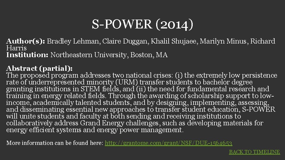 S-POWER (2014) Author(s): Bradley Lehman, Claire Duggan, Khalil Shujaee, Marilyn Minus, Richard Harris Institution: S-POWER (2014) Author(s): Bradley Lehman, Claire Duggan, Khalil Shujaee, Marilyn Minus, Richard Harris Institution: