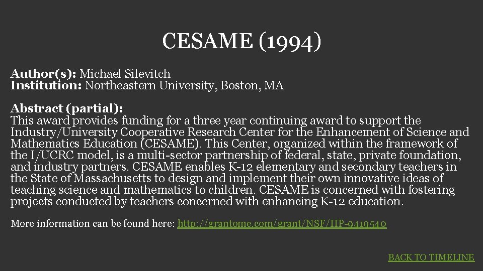 CESAME (1994) Author(s): Michael Silevitch Institution: Northeastern University, Boston, MA Abstract (partial): This award CESAME (1994) Author(s): Michael Silevitch Institution: Northeastern University, Boston, MA Abstract (partial): This award
