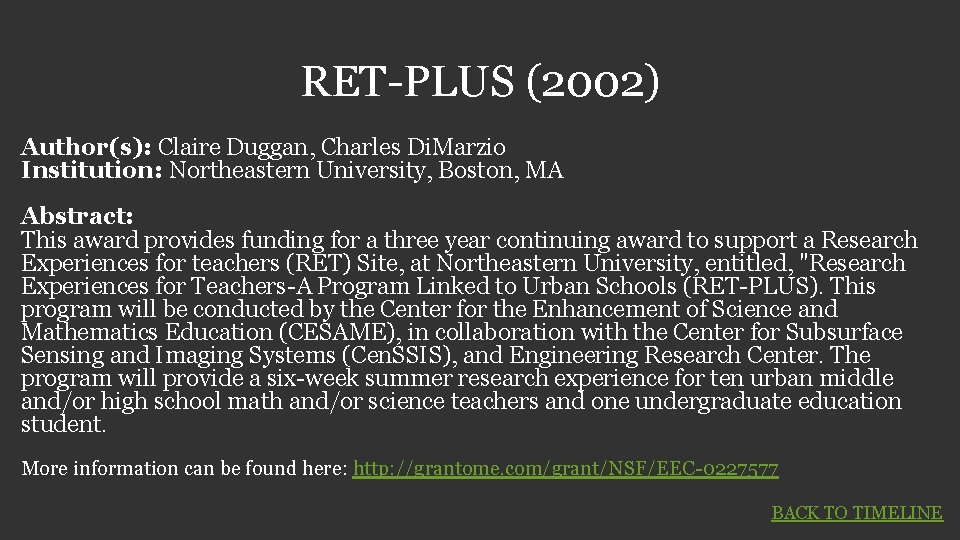 RET-PLUS (2002) Author(s): Claire Duggan, Charles Di. Marzio Institution: Northeastern University, Boston, MA Abstract: RET-PLUS (2002) Author(s): Claire Duggan, Charles Di. Marzio Institution: Northeastern University, Boston, MA Abstract: