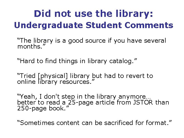  Did not use the library: Undergraduate Student Comments “The library is a good